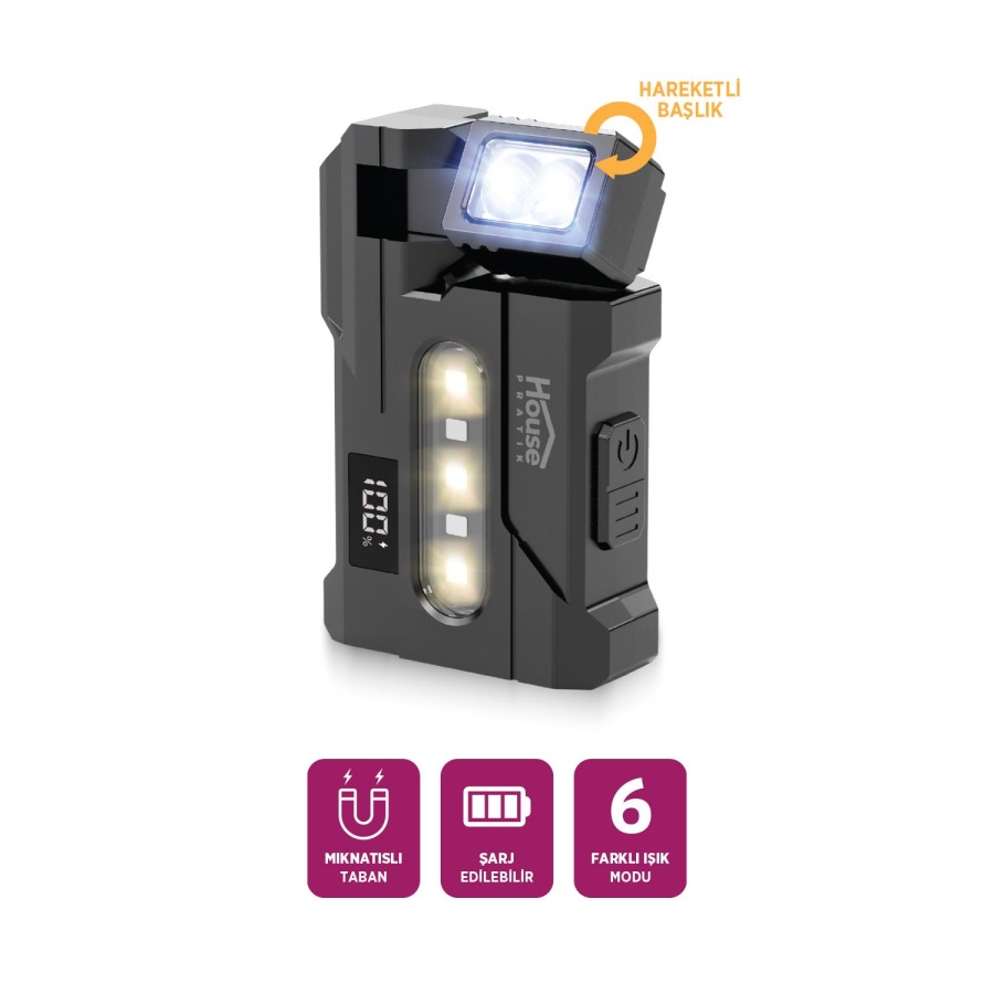 House Pratik HP113 Şarjlı LED El Feneri 159 lm 6 Mod Manyetik Taban Type-C 1200mAh Siyah - 2
