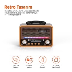 Polosmart FS121 Nostaljik Radyo Bluetooth 5.3 FM AM SW USB TF Kart Girişli Şarjlı Retro Radyo - 2