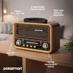 Polosmart FS121 Nostaljik Radyo Bluetooth 5.3 FM AM SW USB TF Kart Girişli Şarjlı Retro Radyo - 4