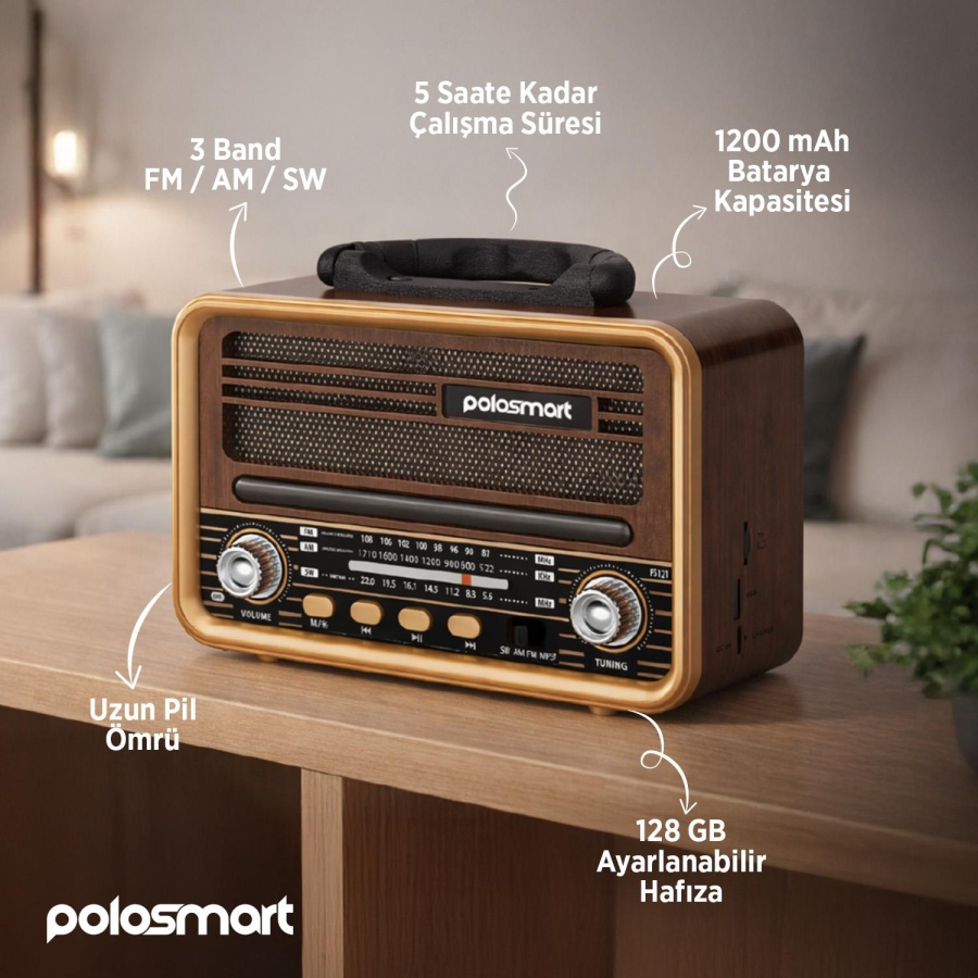 Polosmart FS121 Nostaljik Radyo Bluetooth 5.3 FM AM SW USB TF Kart Girişli Şarjlı Retro Radyo - 4