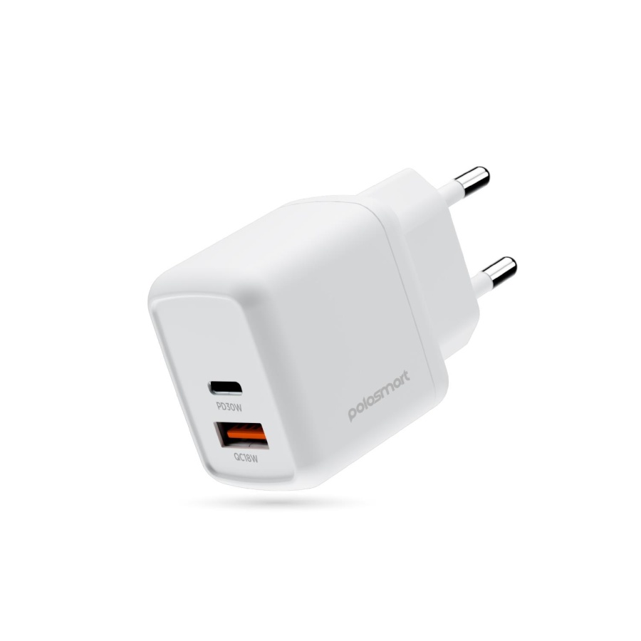 Polosmart PBS137 Hızlı 1 USB 1 PD Çıkışlı 30W Şarj Adaptörü Duvar Şarjı Beyaz - 1
