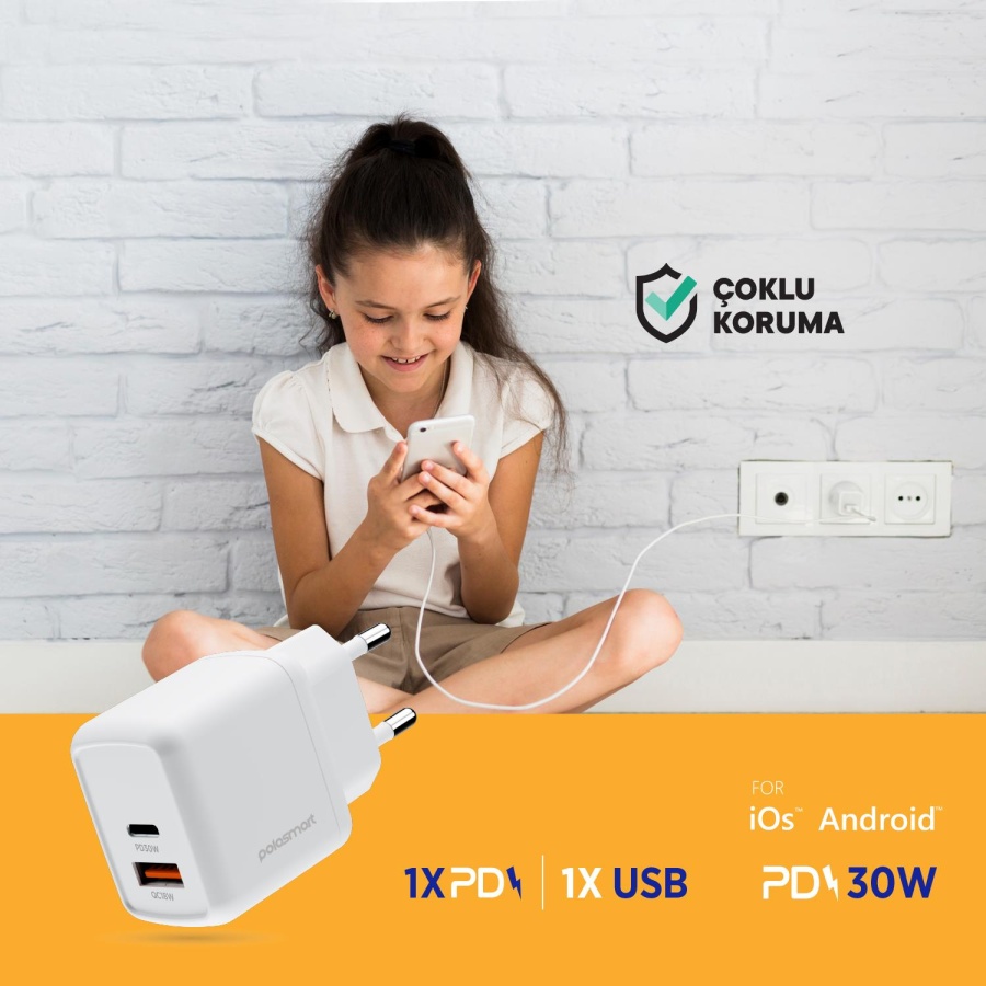 Polosmart PBS137 Hızlı 1 USB 1 PD Çıkışlı 30W Şarj Adaptörü Duvar Şarjı Beyaz - 3