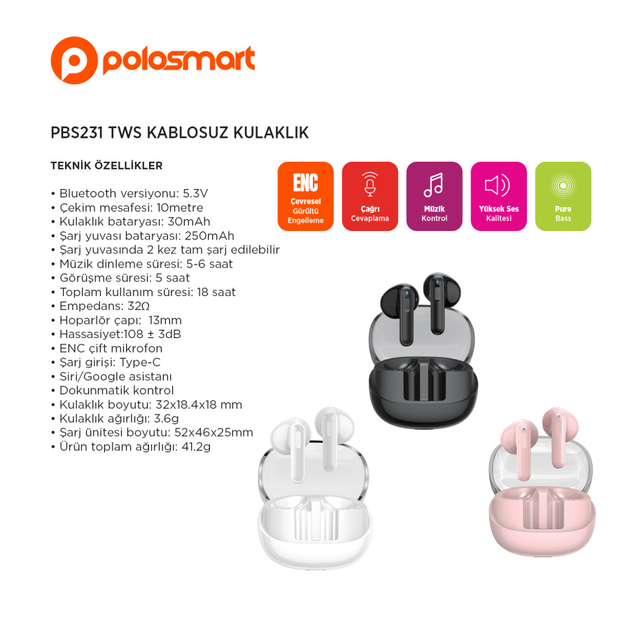 Polosmart PBS231 Tws Kablosuz Kulaklık-Pembe - 3