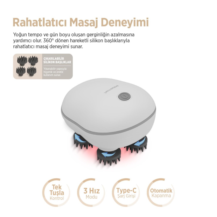 Polosmart PSC116 Baş Masaj Cihazı 4 Masaj Uçlu 3 Hız Kademeli Şarjlı Masaj Aleti Beyaz - 2