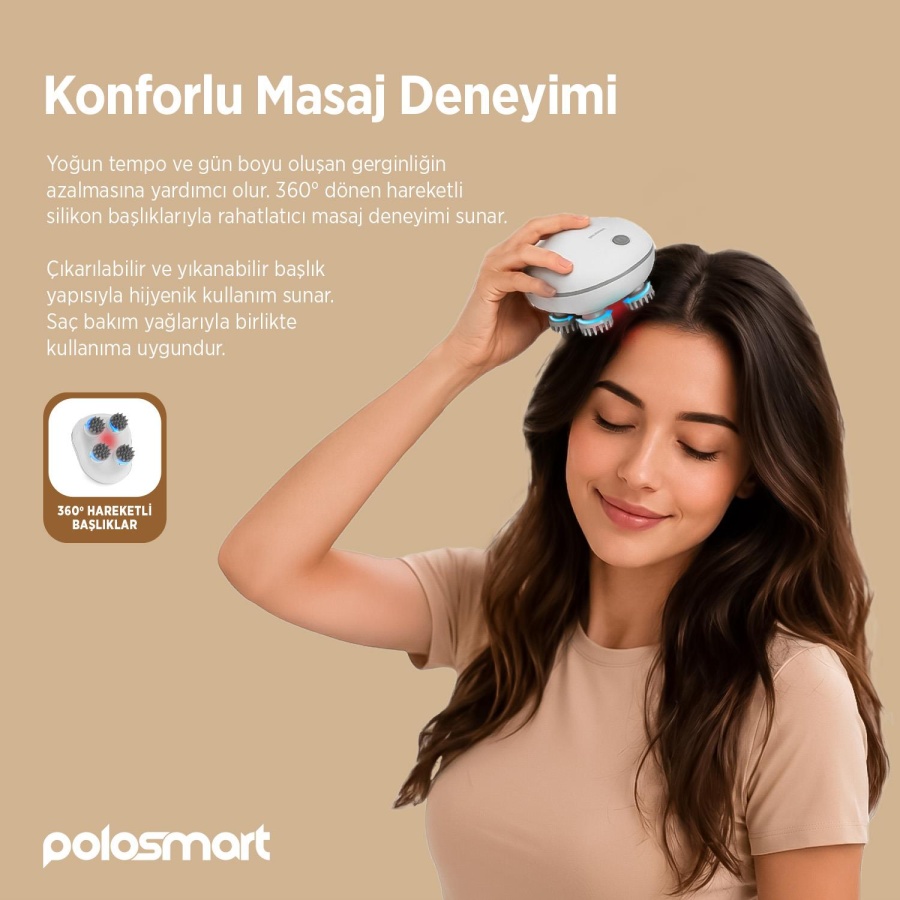 Polosmart PSC116 Baş Masaj Cihazı 4 Masaj Uçlu 3 Hız Kademeli Şarjlı Masaj Aleti Beyaz - 4