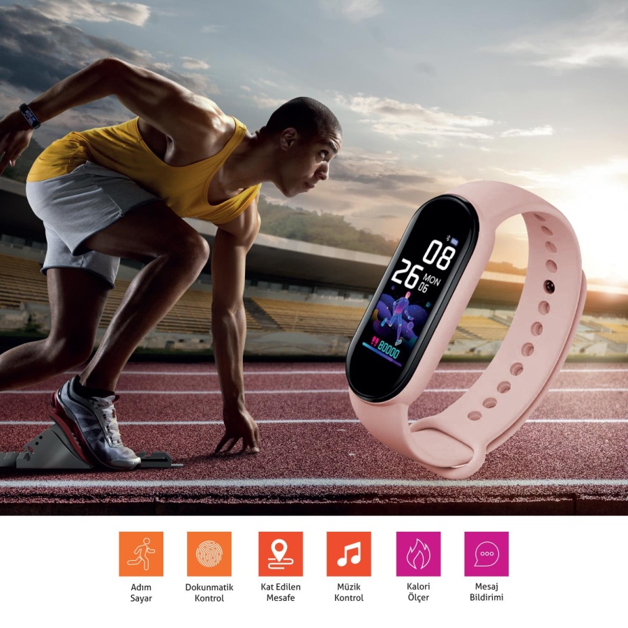 Polosmart PSSW17 Akıllı Bileklik 5.1V Titreşimli Bluetooth Adım Sayar Kalp Atışı Uyku Takibi Pembe - 3